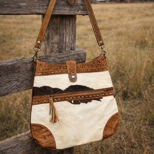 Large Cowhide Purse | Hair on Hide Leather Shoulder Bag | Western Boho Ranch